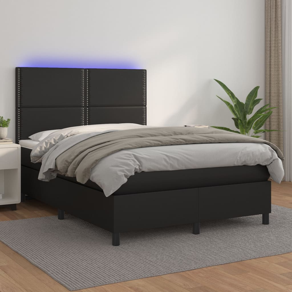 vidaXL Cama box spring colchón y LED cuero sintético negro 140x190 cm