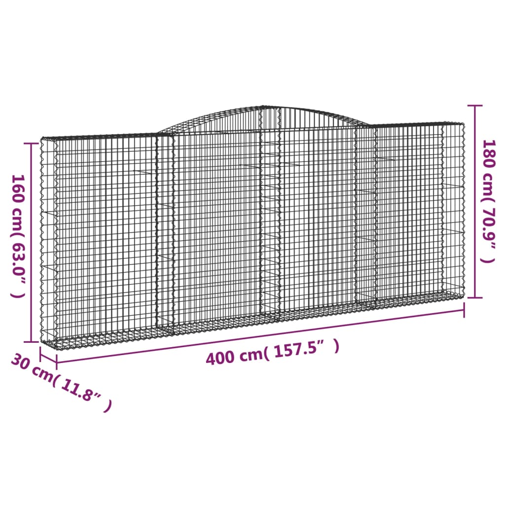 vidaXL Cestas gaviones 2 uds forma de arco hierro 400x30x160/180 cm