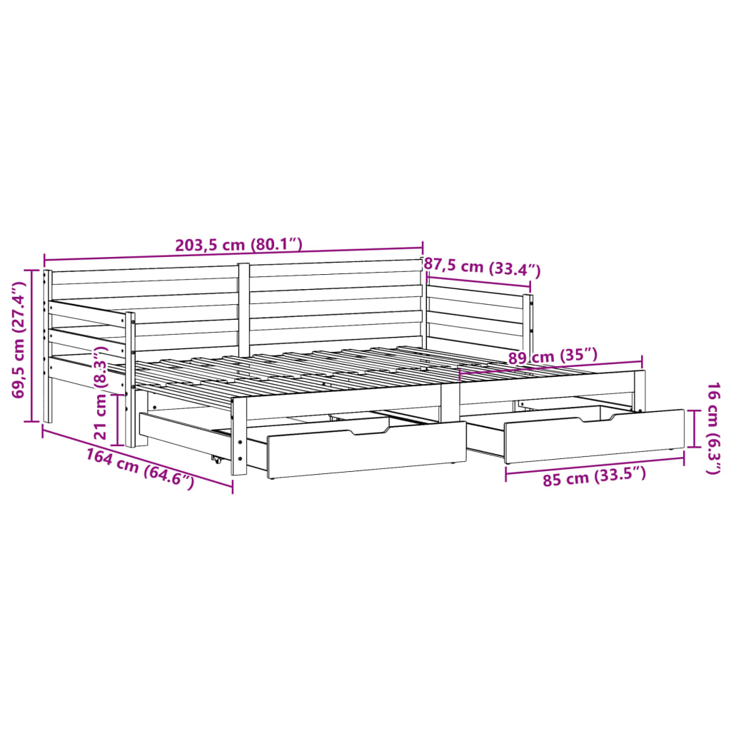 vidaXL Sofá cama nido con cajones madera maciza de pino 80x200 cm