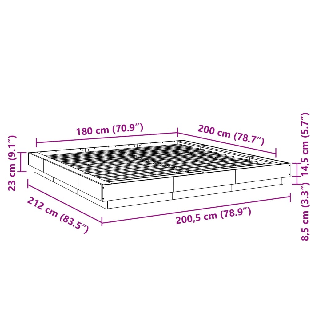 vidaXL Estructura cama con luces LED madera gris hormigón 180x200 cm