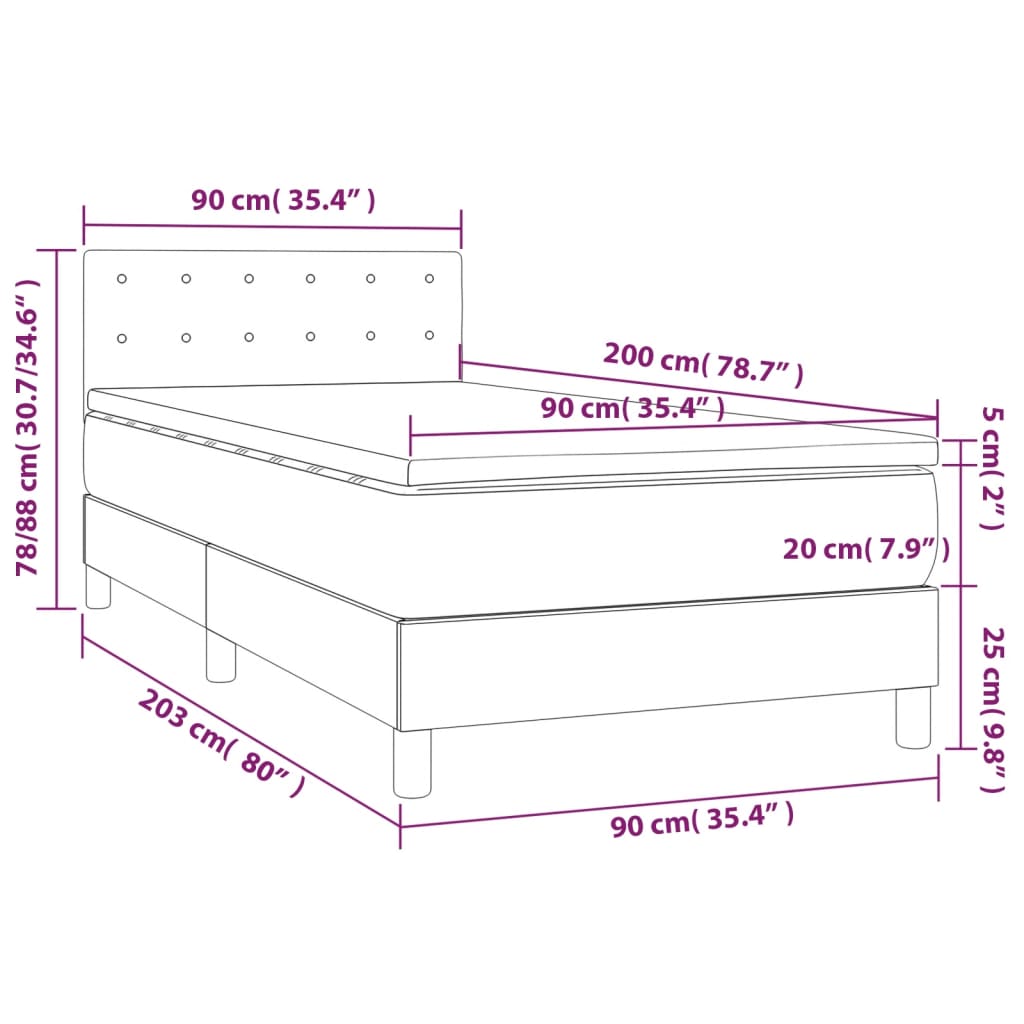 vidaXL Cama box spring colchón y luces LED tela marrón oscuro 90x200cm