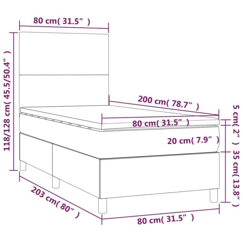 vidaXL Cama box spring colchón y LED terciopelo gris oscuro 80x200 cm