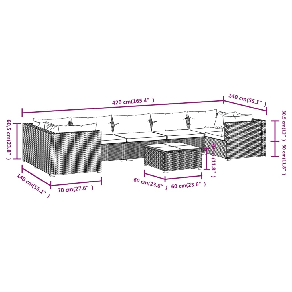 vidaXL Set de muebles de jardín 8 pzas y cojines ratán sintético negro