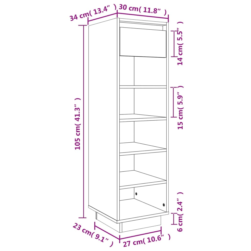 vidaXL Armario zapatero de madera maciza de pino 30x34x105 cm