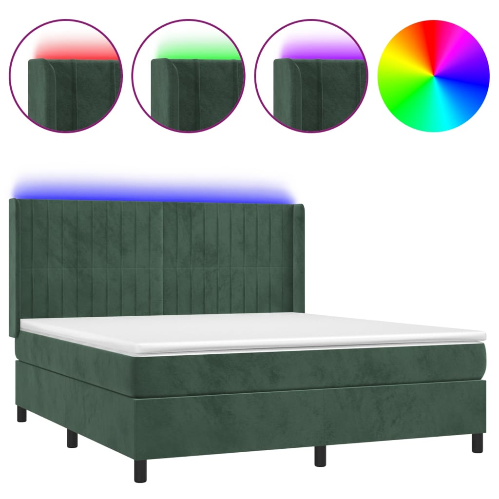 vidaXL Cama box spring colchón y LED terciopelo verde oscuro 160x200cm