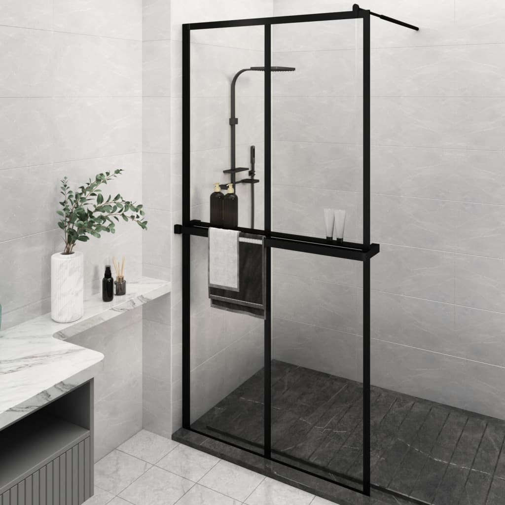 vidaXL Mampara ducha con estante vidrio ESG y aluminio negro 118x190cm
