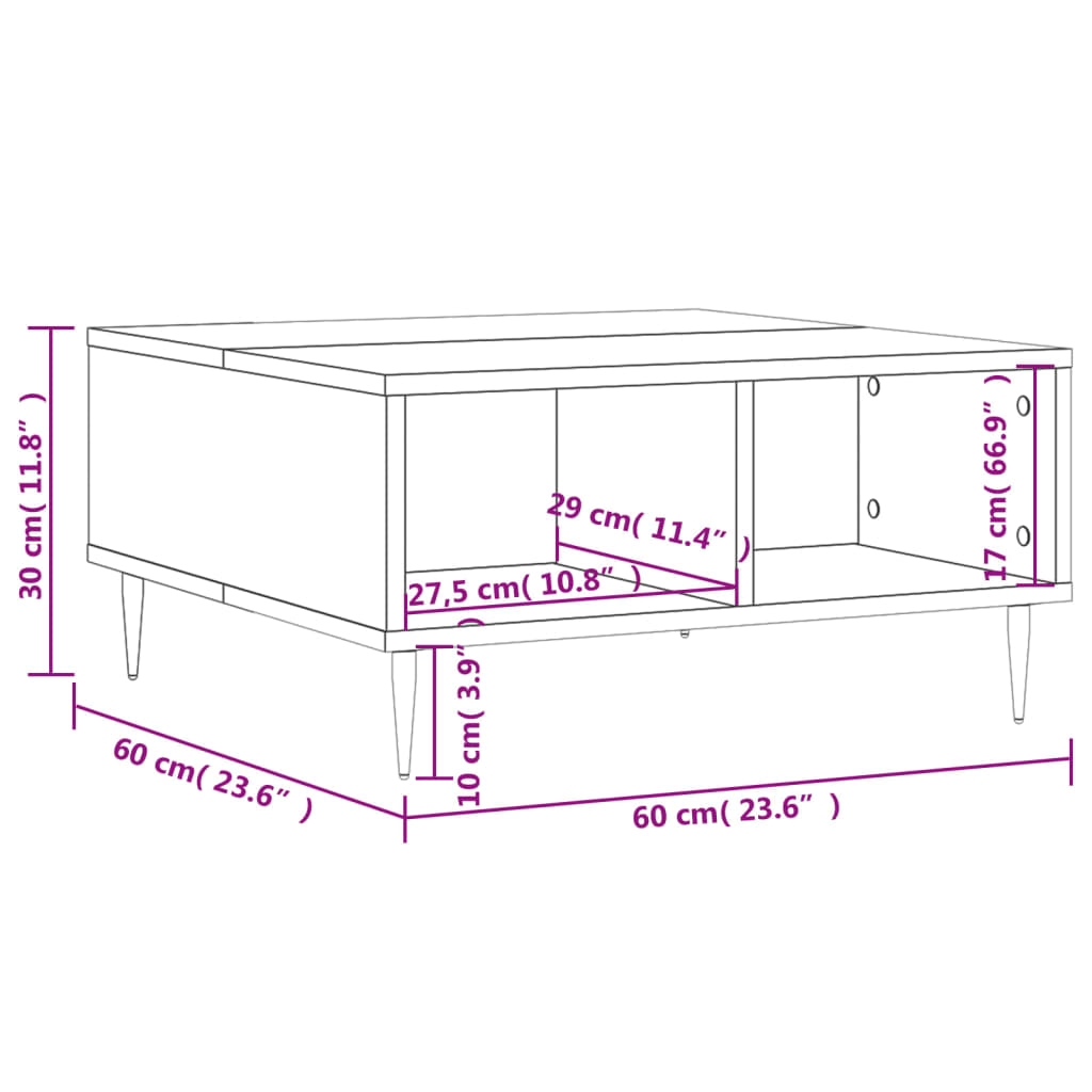 vidaXL Mesa de centro madera de ingeniería gris Sonoma 60x60x30 cm