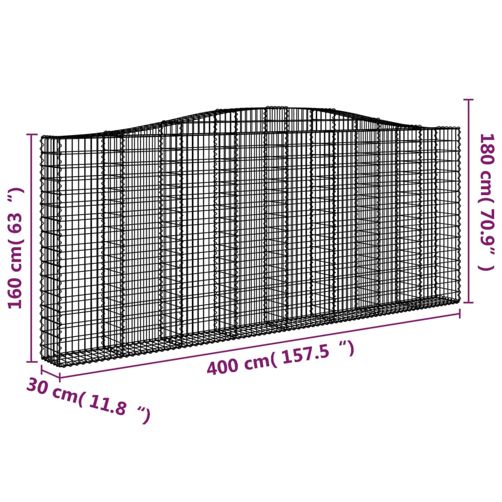 vidaXL Cestas gaviones 3 uds forma de arco hierro 400x30x160/180 cm