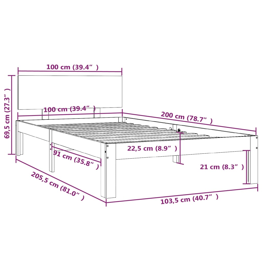 vidaXL Estructura de cama de madera maciza de pino gris 100x200 cm