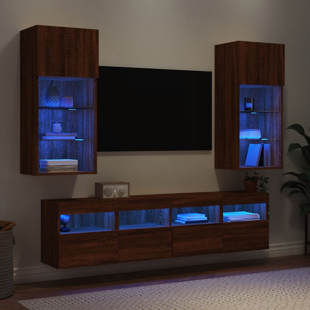 vidaXL Muebles TV pared con LED 5 pzas madera ingeniería marrón roble