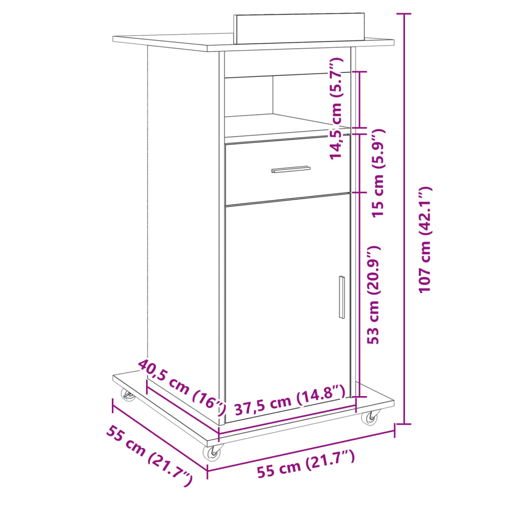 vidaXL Atril con ruedas y cajón madera roble ahumado 55x55x107 cm