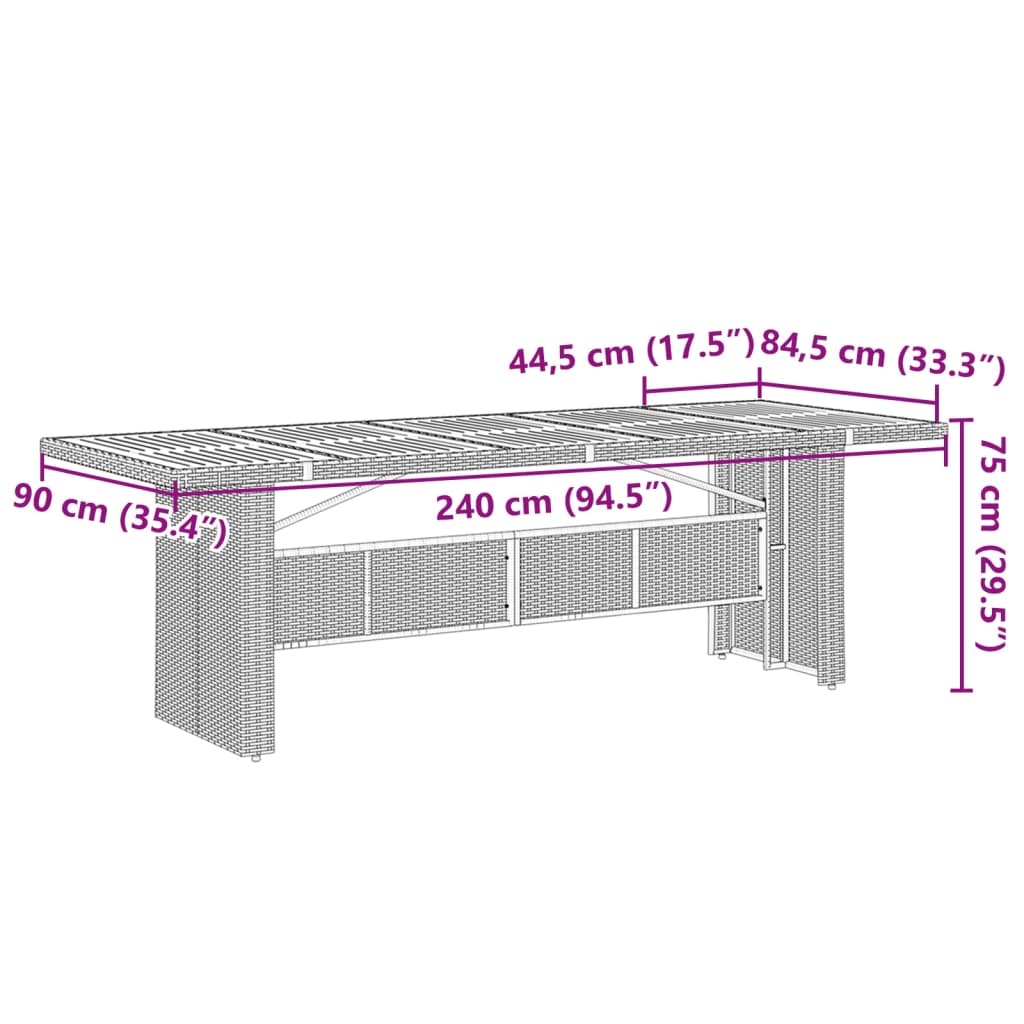 vidaXL Mesa de jardín superficie de vidrio ratán PE gris 240x90x75 cm