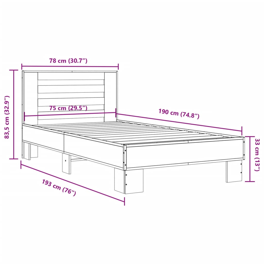 vidaXL Estructura de cama madera de ingeniería y metal negra 75x190 cm