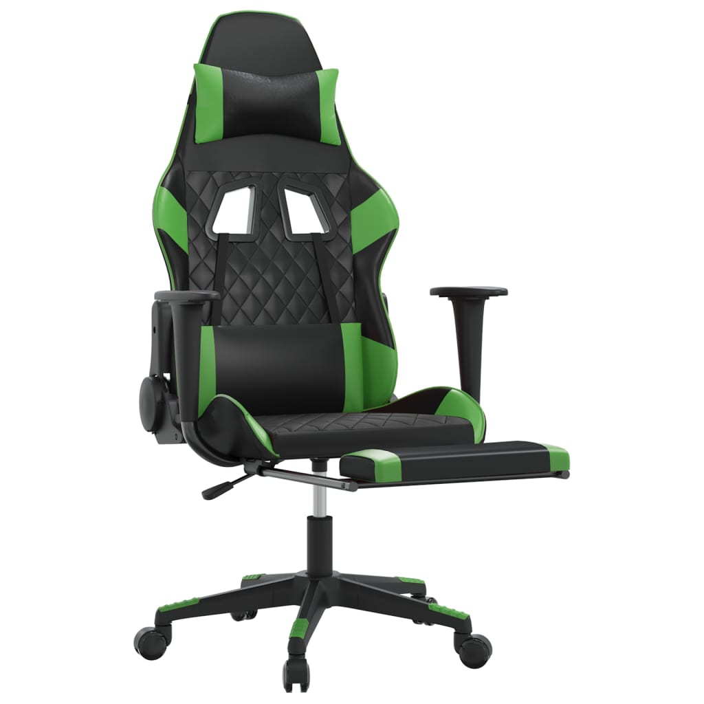 vidaXL Silla gaming de masaje y reposapiés cuero sintético negro verde