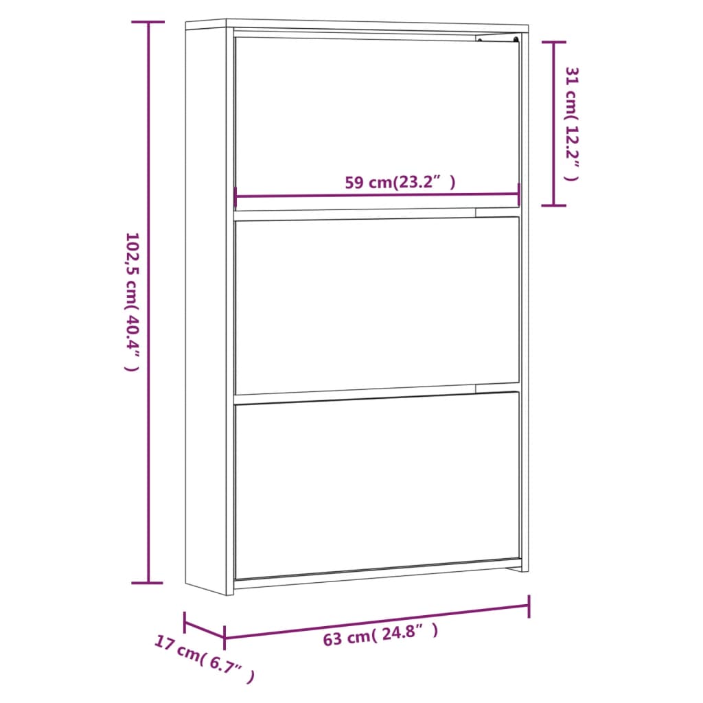 vidaXL Mueble zapatero y espejo 3 niveles gris hormigón 63x17x102,5 cm