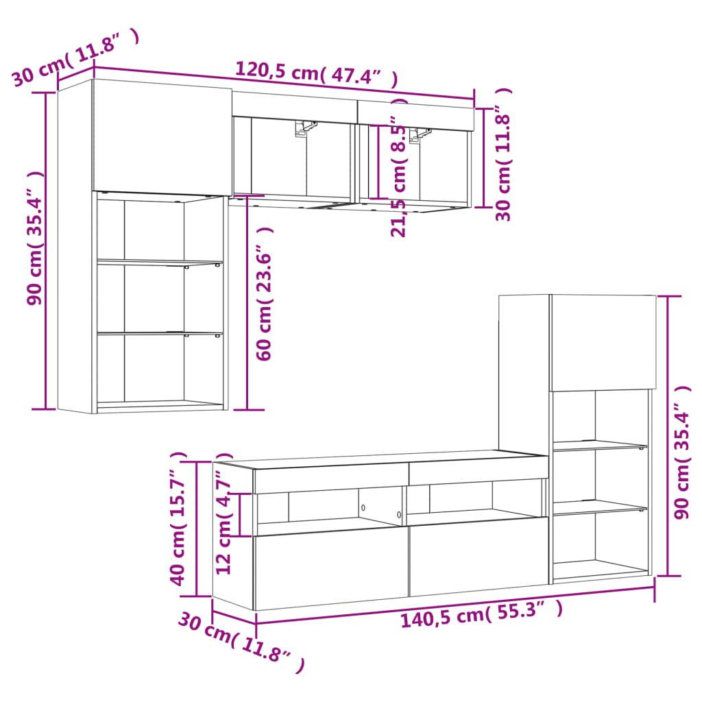 vidaXL Muebles de TV de pared con LED 5 pzas madera ingeniería blanco