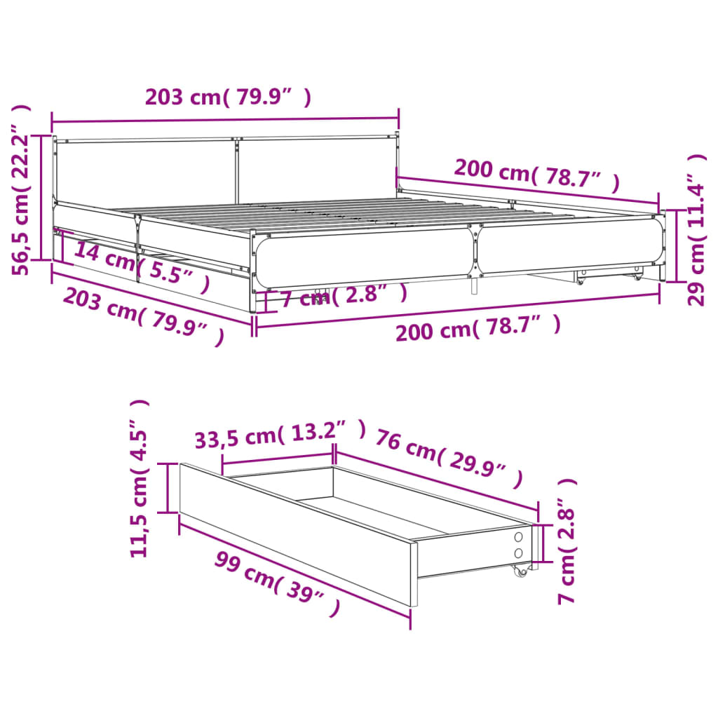 vidaXL Cama con cajones madera ingeniería roble Sonoma 200x200 cm