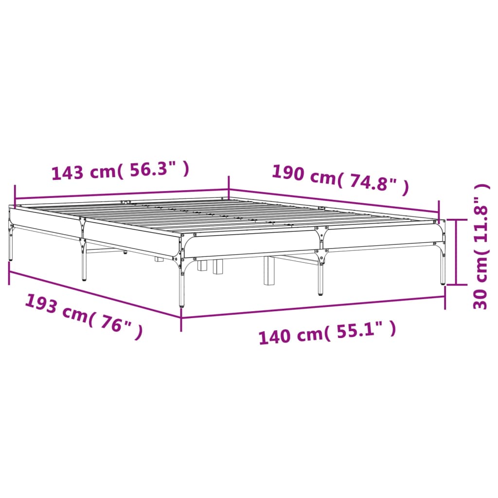 vidaXL Estructura cama madera ingeniería metal roble ahumado 140x190cm