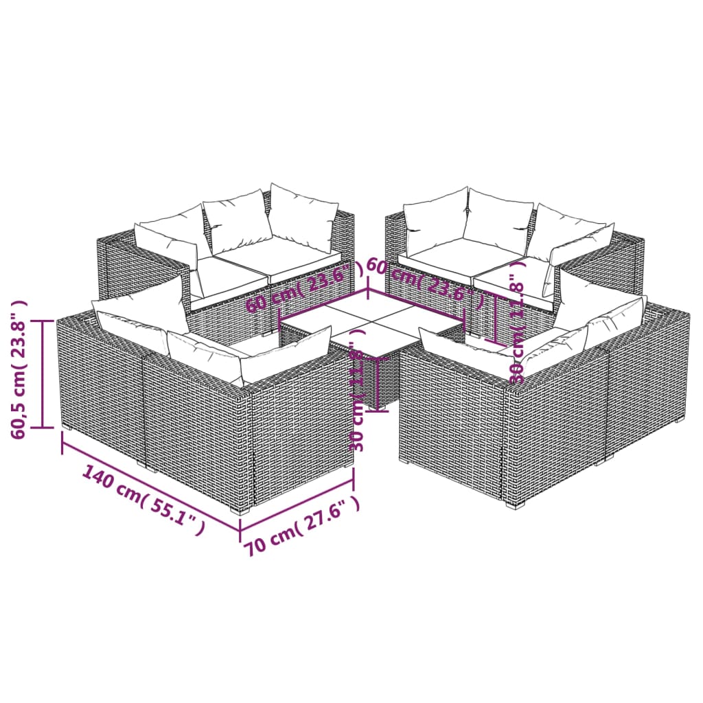 vidaXL Set de muebles de jardín 9 pzas y cojines ratán sintético gris