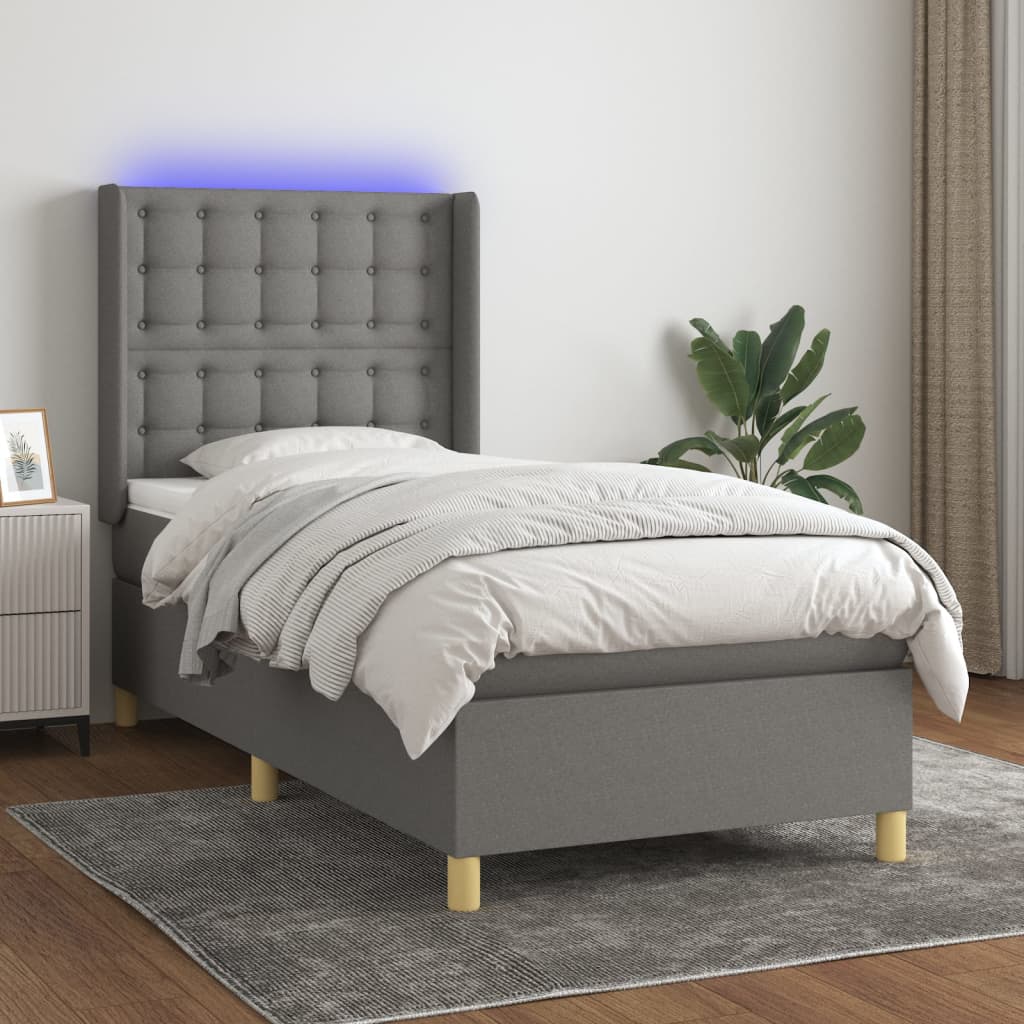 vidaXL Cama box spring colchón y luces LED tela gris oscuro 90x200 cm