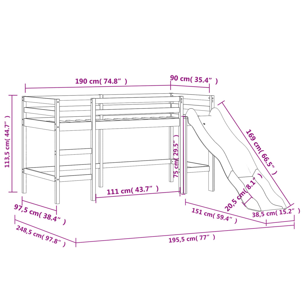 vidaXL Cama alta para niños con cortinas madera pino rosa 90x190 cm