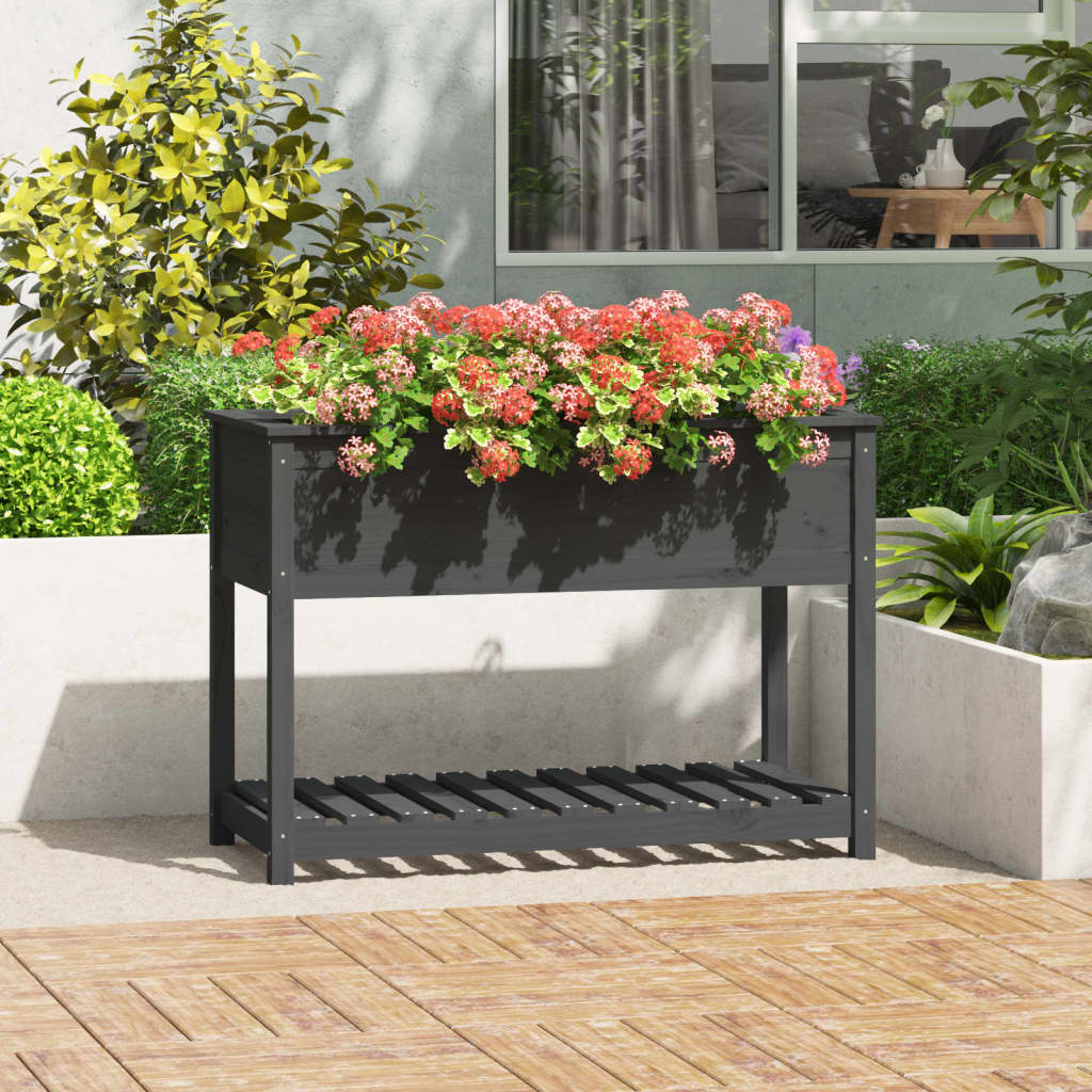 vidaXL Jardinera con estante madera maciza de pino gris 111,5x54x81 cm