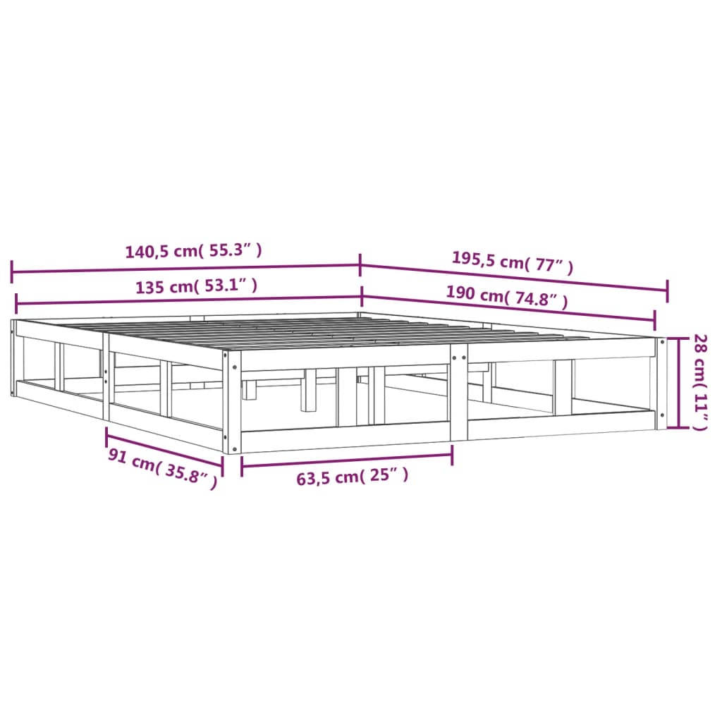 vidaXL Estructura de cama doble de madera maciza negro 135x190 cm