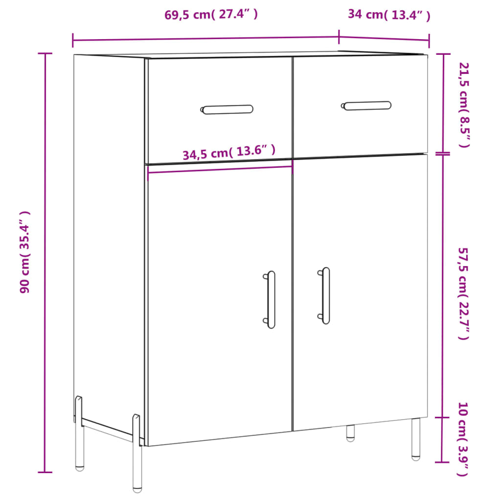 vidaXL Aparador de madera contrachapada blanco brillante 69,5x34x90 cm