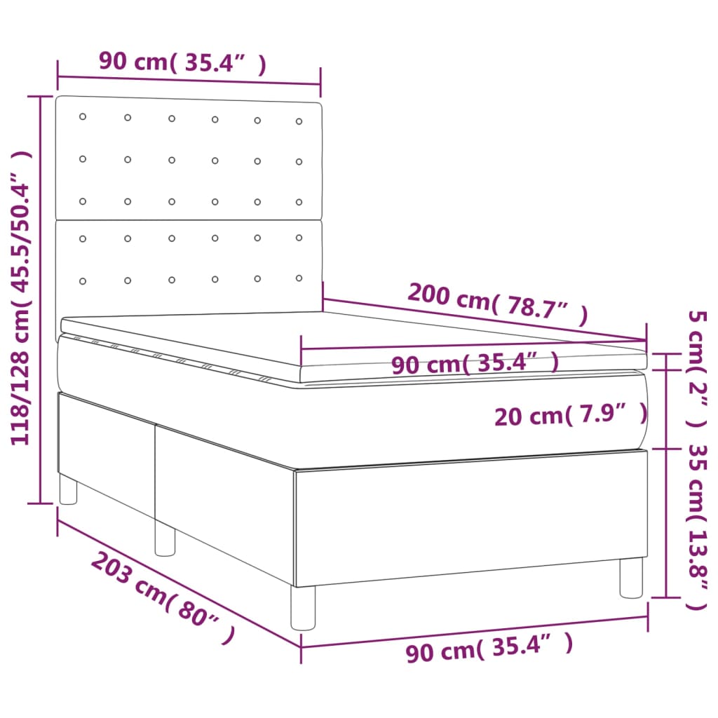 vidaXL Cama box spring y colchón LED cuero sintético blanco 90x200 cm