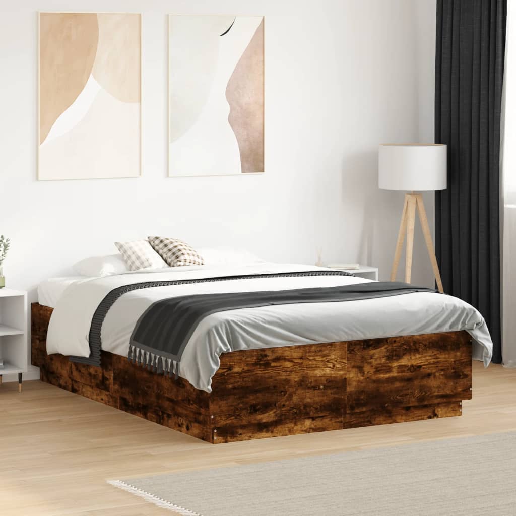 vidaXL Estructura cama con luces LED madera roble ahumado 135x190 cm