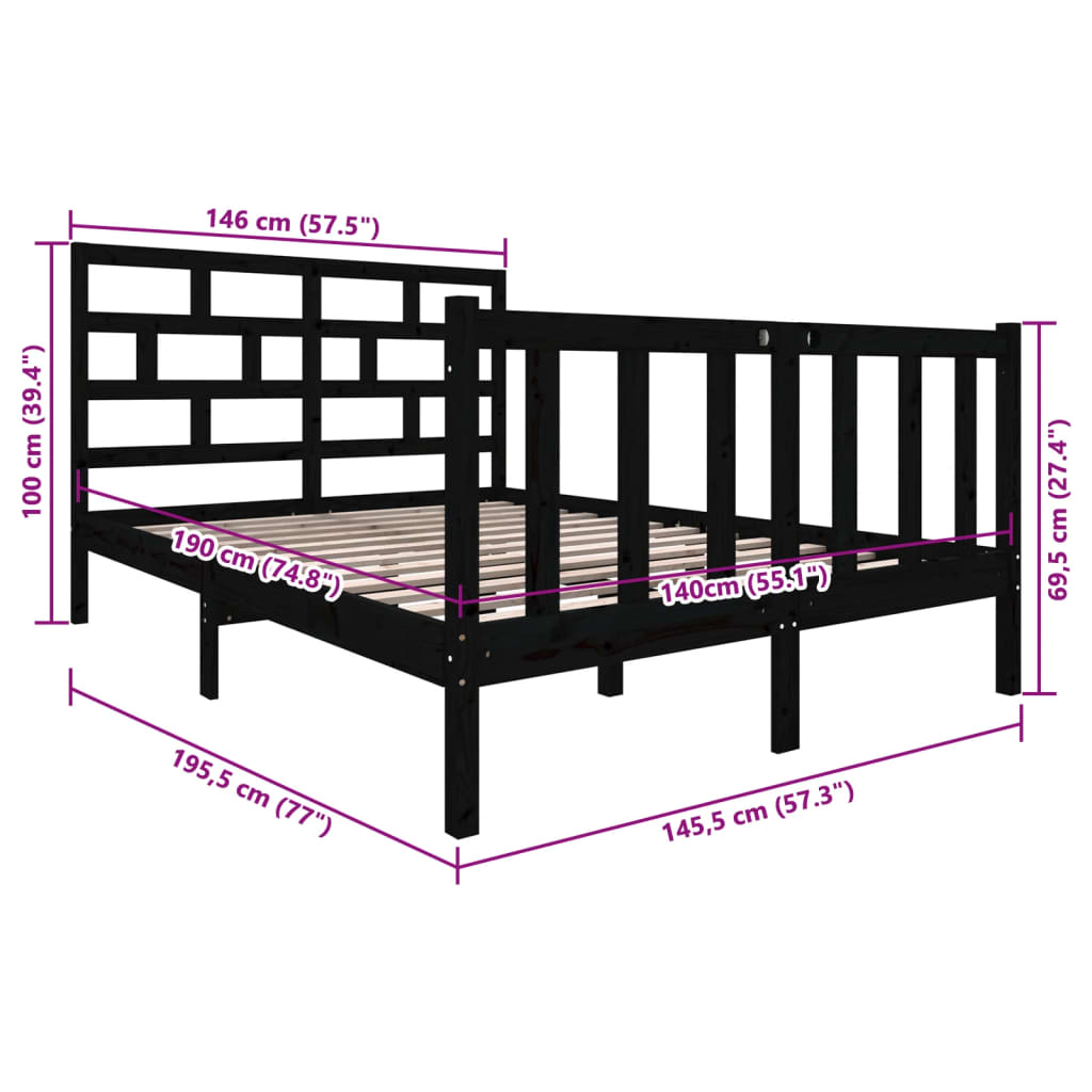 vidaXL Estructura de cama de madera maciza de pino negro 140x190 cm