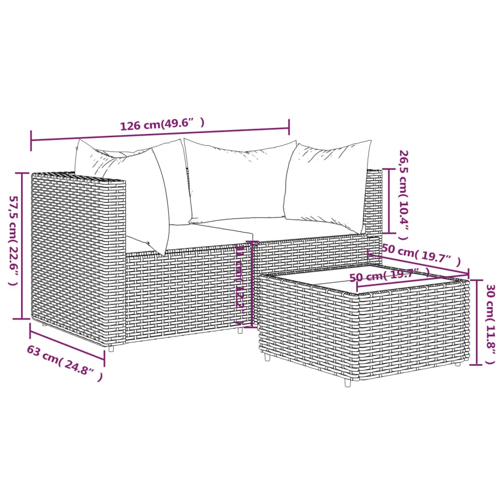 vidaXL Set de muebles de jardín 3 pzas y cojines ratán sintético negro