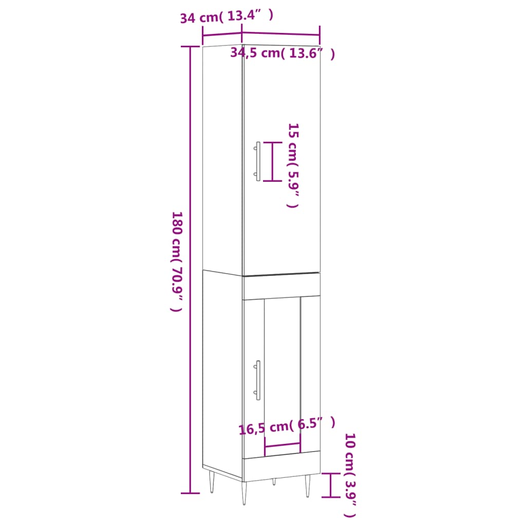 vidaXL Aparador alto madera contrachapada blanco brillo 34,5x34x180 cm