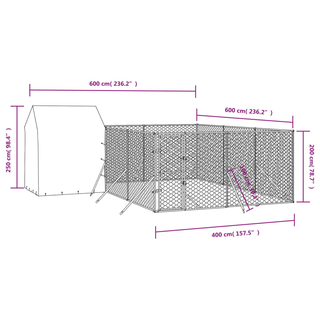 vidaXL Perrera de exterior con techo acero galvanizado plata 6x6x2,5 m