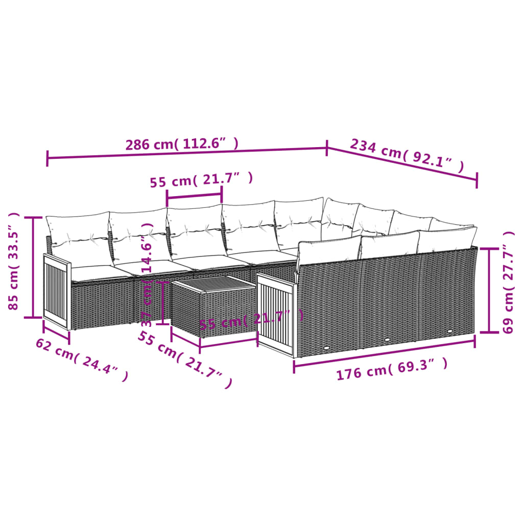 vidaXL Set de sofás de jardín 11pzas con cojines ratán sintético beige