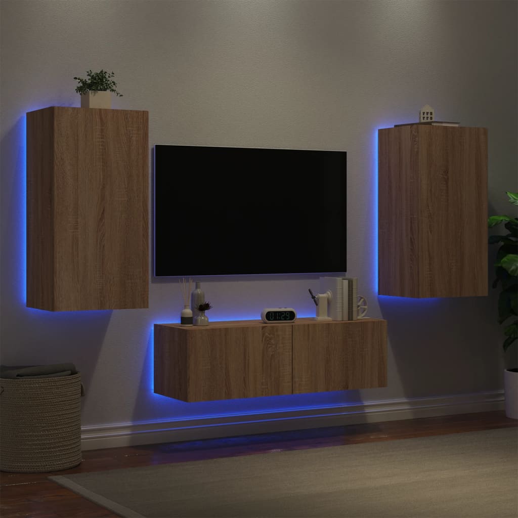 vidaXL Muebles de TV de pared con luces LED 3 piezas roble Sonoma