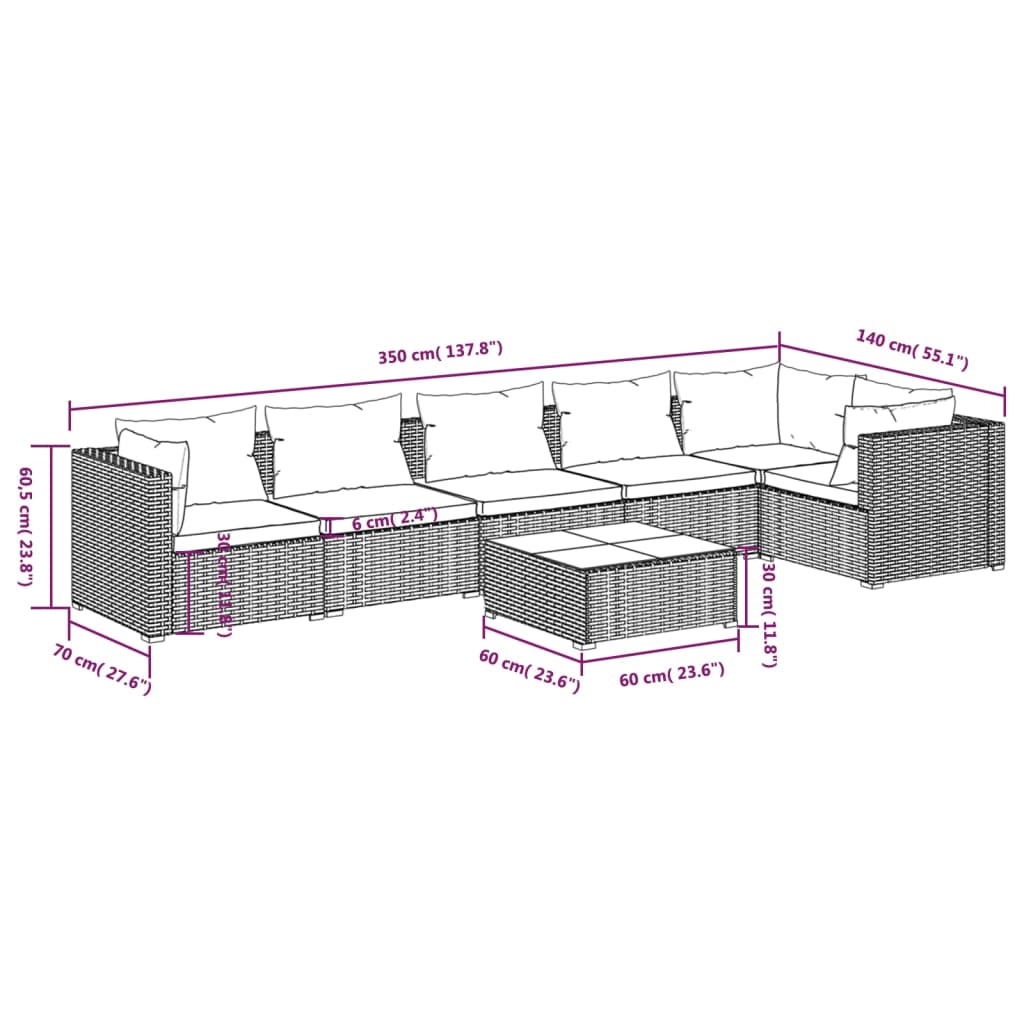 vidaXL Set muebles de jardín 7 piezas y cojines ratán sintético marrón