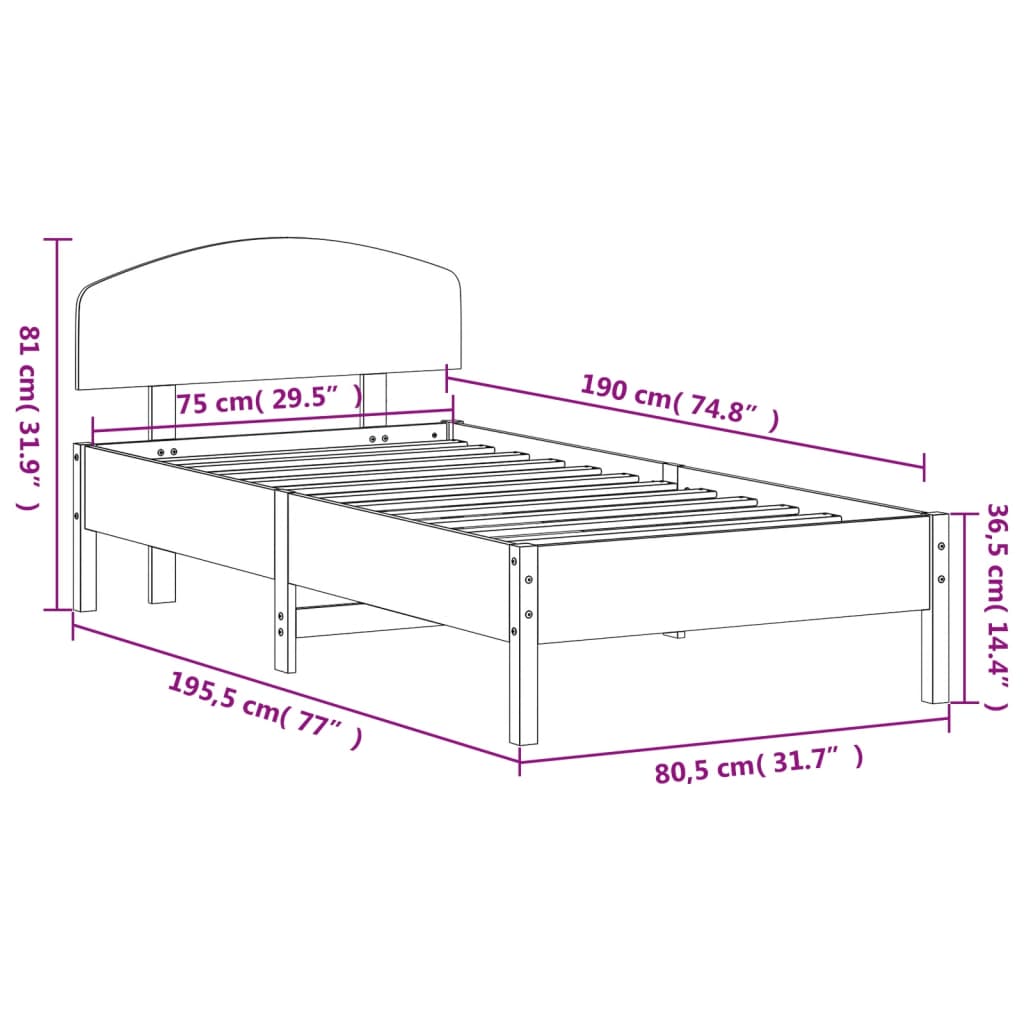 vidaXL Estructura de cama sin colchón madera maciza pino 75x190 cm