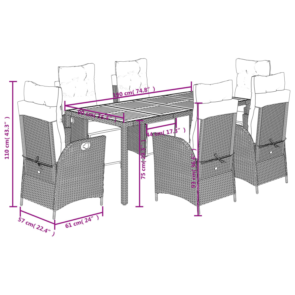 vidaXL Set de comedor de jardín 7 pzas y cojines ratán sintético negro