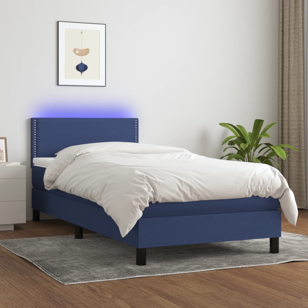 vidaXL Cama box spring colchón y luces LED tela azul 100x200 cm