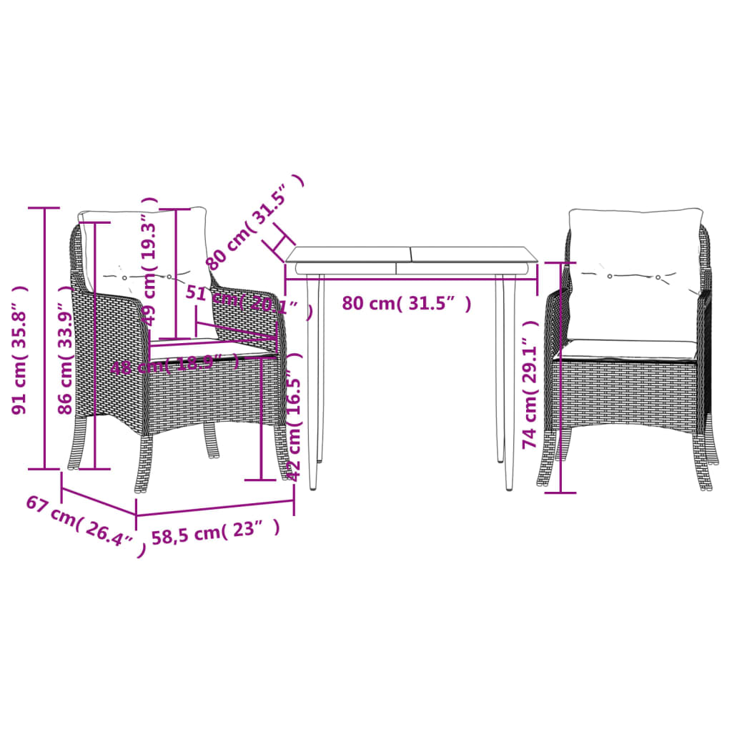 vidaXL Set comedor de jardín 3 piezas con cojines ratán sintético gris