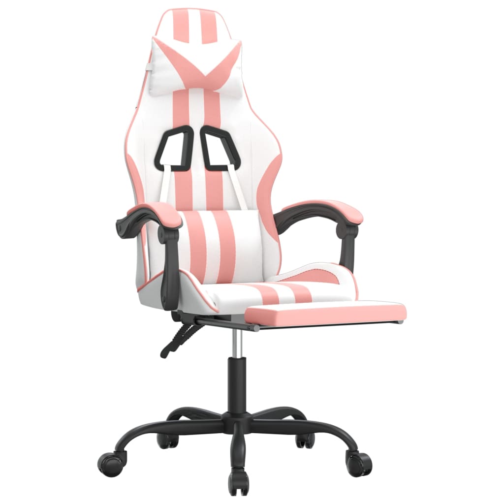 vidaXL Silla gaming giratoria y reposapiés cuero sintético blanco rosa