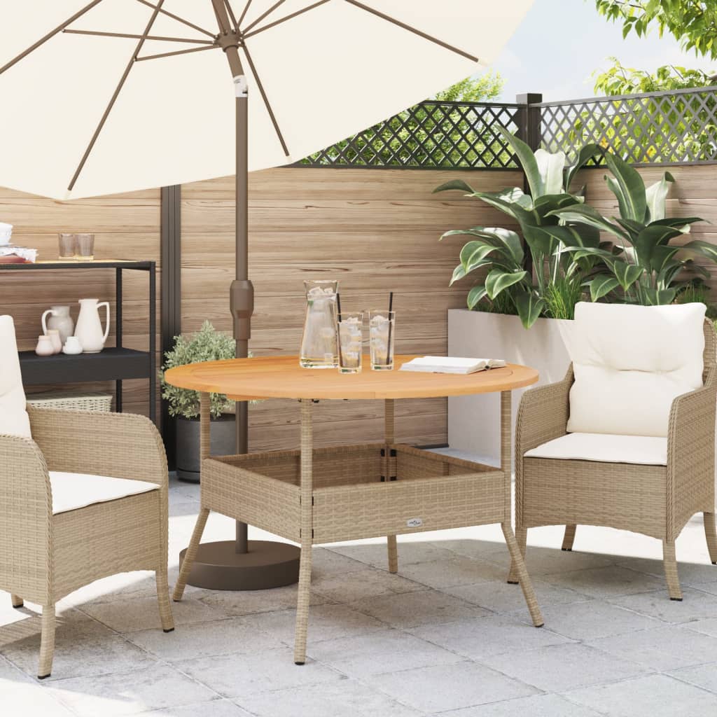 vidaXL Mesa de jardín superficie de madera ratán PE beige Ø110x71 cm