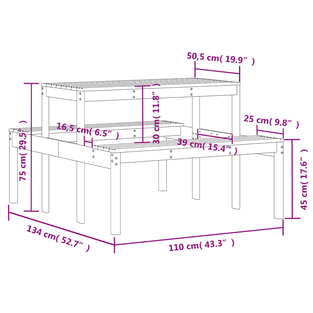 vidaXL Mesa de pícnic madera maciza Douglas 110x134x75 cm