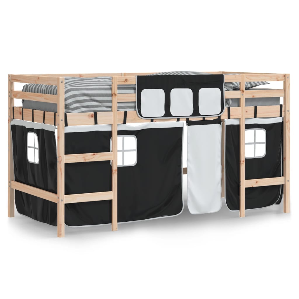 vidaXL Cama alta niños con cortinas madera pino blanco negro 80x200 cm