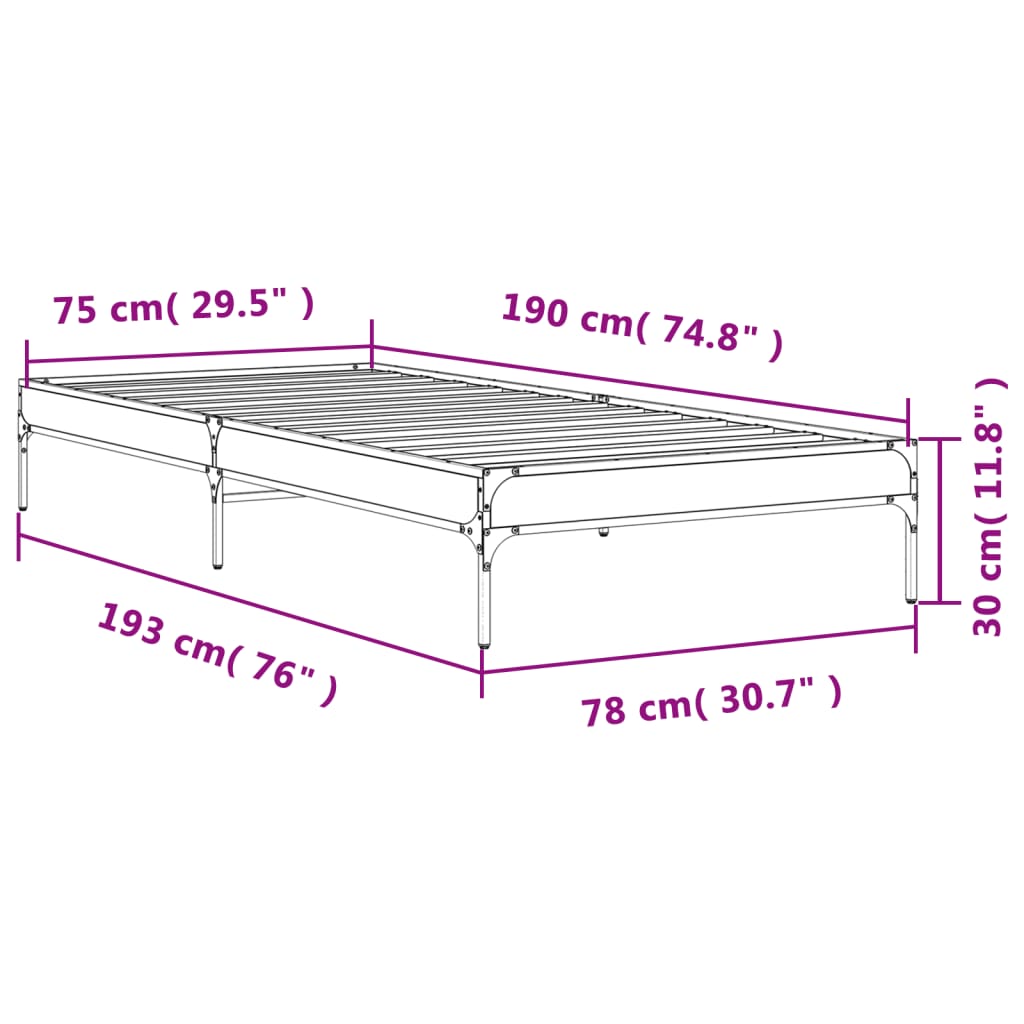 vidaXL Estructura cama madera ingeniería metal roble humo 75x190 cm