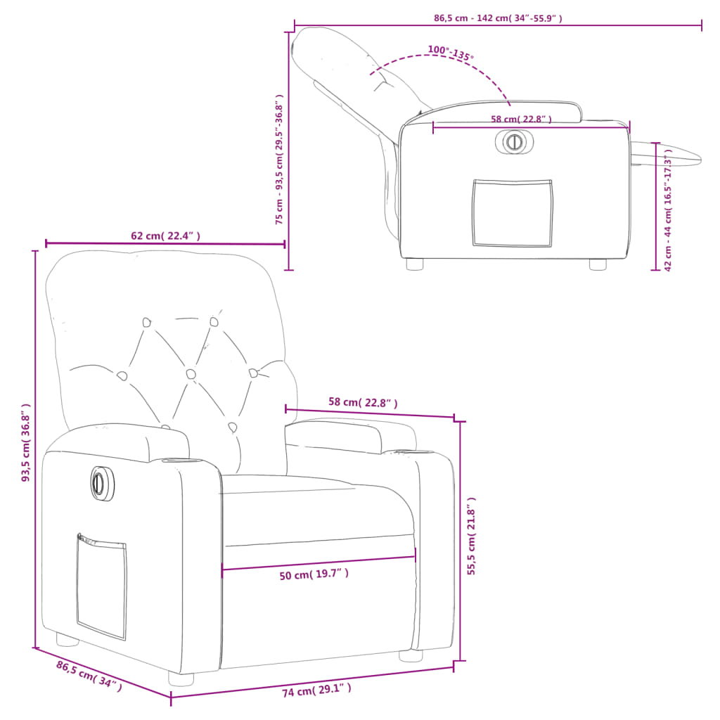 vidaXL Sillón reclinable eléctrico de tela marrón