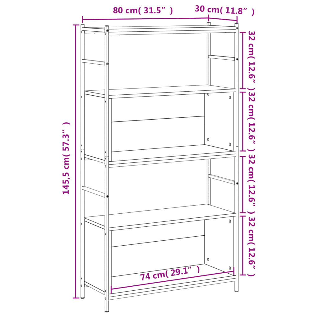 vidaXL Estantería hierro madera ingeniería gris Sonoma 80x30x145,5 cm