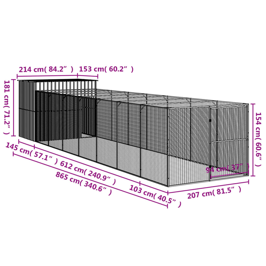 vidaXL Caseta perros con corral acero galvanizado gris 214x865x181 cm