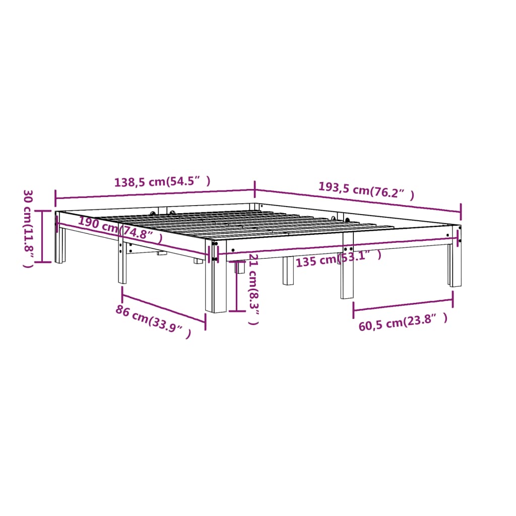 vidaXL Estructura de cama doble madera maciza negra 135x190 cm